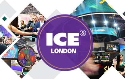 Collage of images from ICE London, featuring various exhibitors and gaming displays, with a prominent circular logo stating 'ICE & LONDON' in the center.