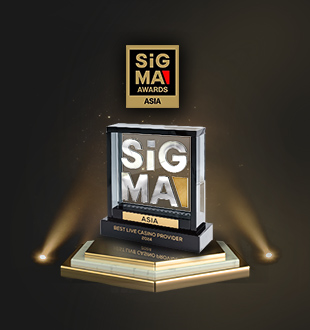 A square trophy with a black and gold design, featuring the text 'SiGMA AWARDS ASIA' at the top and 'BEST LIVE CASINO PROVIDER 2024' displayed in the center, set on a pedestal with soft spotlights illuminating it against a dark background.