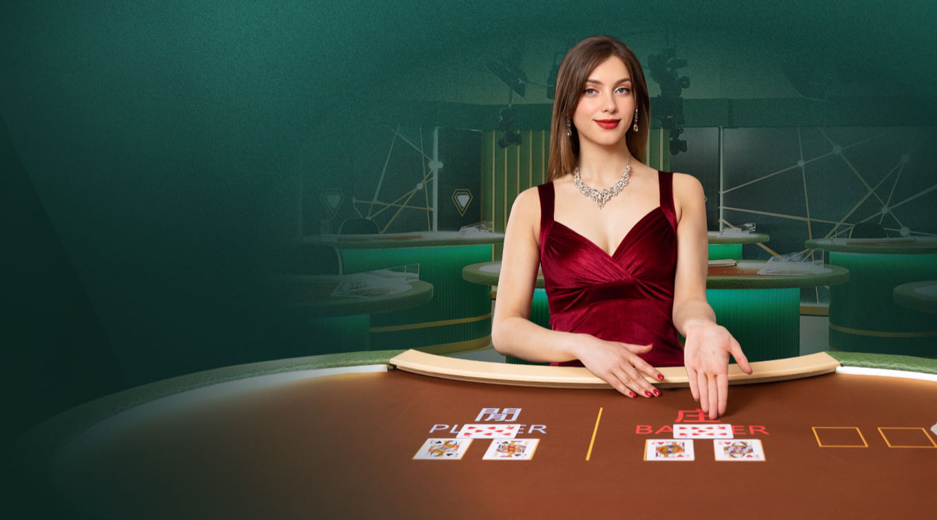 Image for an online casino game featuring a female dealer in a red dress at a gaming table. She is positioned in front of cards, with labels 'PLAYER' and 'BANKER' visible on the table. The background shows a stylish casino setting.