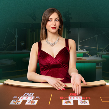 Image for an online casino game featuring a female dealer in a red dress at a gaming table. She is positioned in front of cards, with labels 'PLAYER' and 'BANKER' visible on the table. The background shows a stylish casino setting.