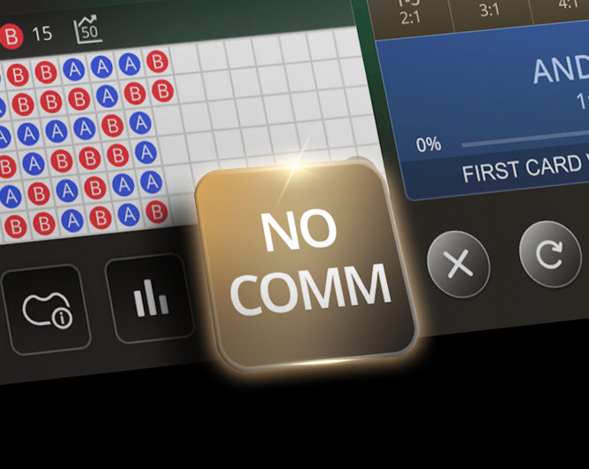 Close-up view of an online Andar Bahar game interface, featuring a betting grid with red and blue markings. A highlighted button in the center reads 'NO COMM' against a glowing background, indicating a feature in the game.