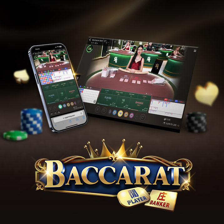 Visual showcasing an online Baccarat game interface, featuring a dealer and gaming tables, with a smartphone displaying the game. The word 'BACCARAT' is prominently featured at the bottom, along with 'PLAYER' and 'BANKER' labels.