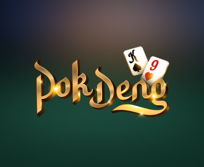 Stylized 'Pok Deng' logo featuring a King of Spades and a 9 of hearts card, presented in gold letters against a gradient background of dark green and blue.