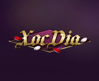 Stylized 'Xoc Dia' logo featuring gold letters with red and white decorations, set against a dark purple background.