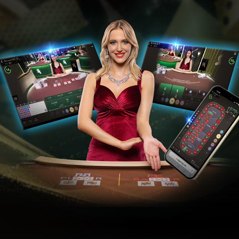 A graphic showcasing 'SA Gaming' with a woman in a red dress at the center. Surrounding her are two screens displaying online blackjack tables and a smartphone with game graphics. The background features a casino setting.