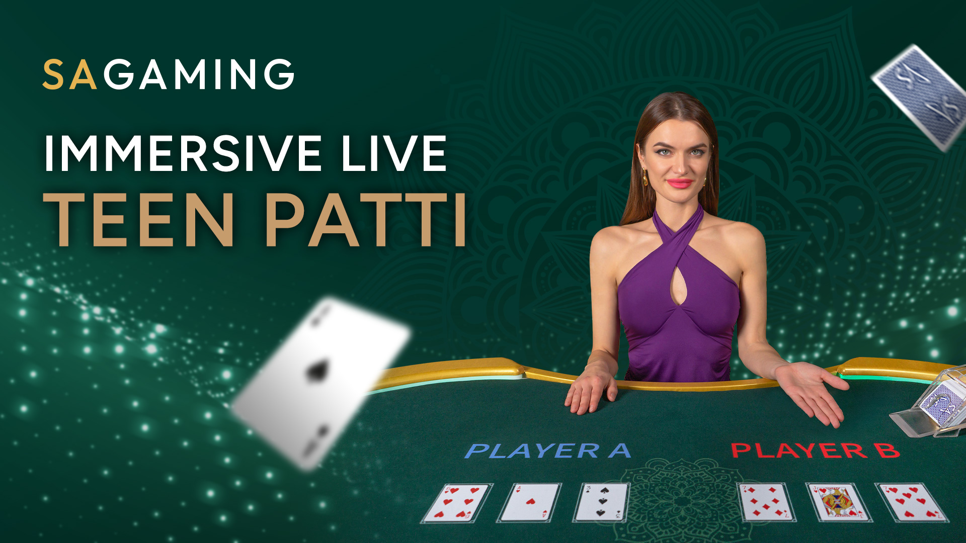 A live dealer in a purple dress presents a Teen Patti online casino game setup by SA Gaming, a live casino games provider.